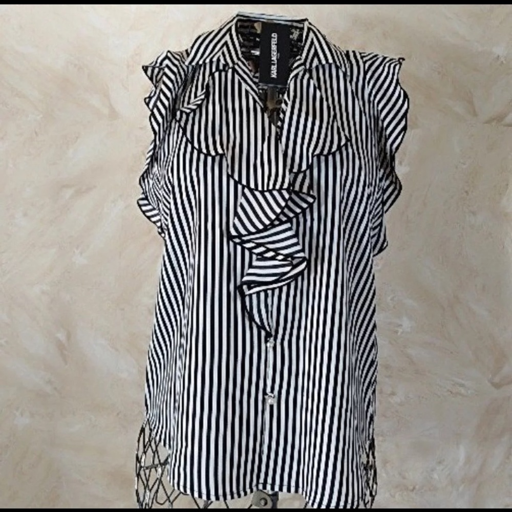 Karl Lagerfeld blk & white striped ruffled blouse.
